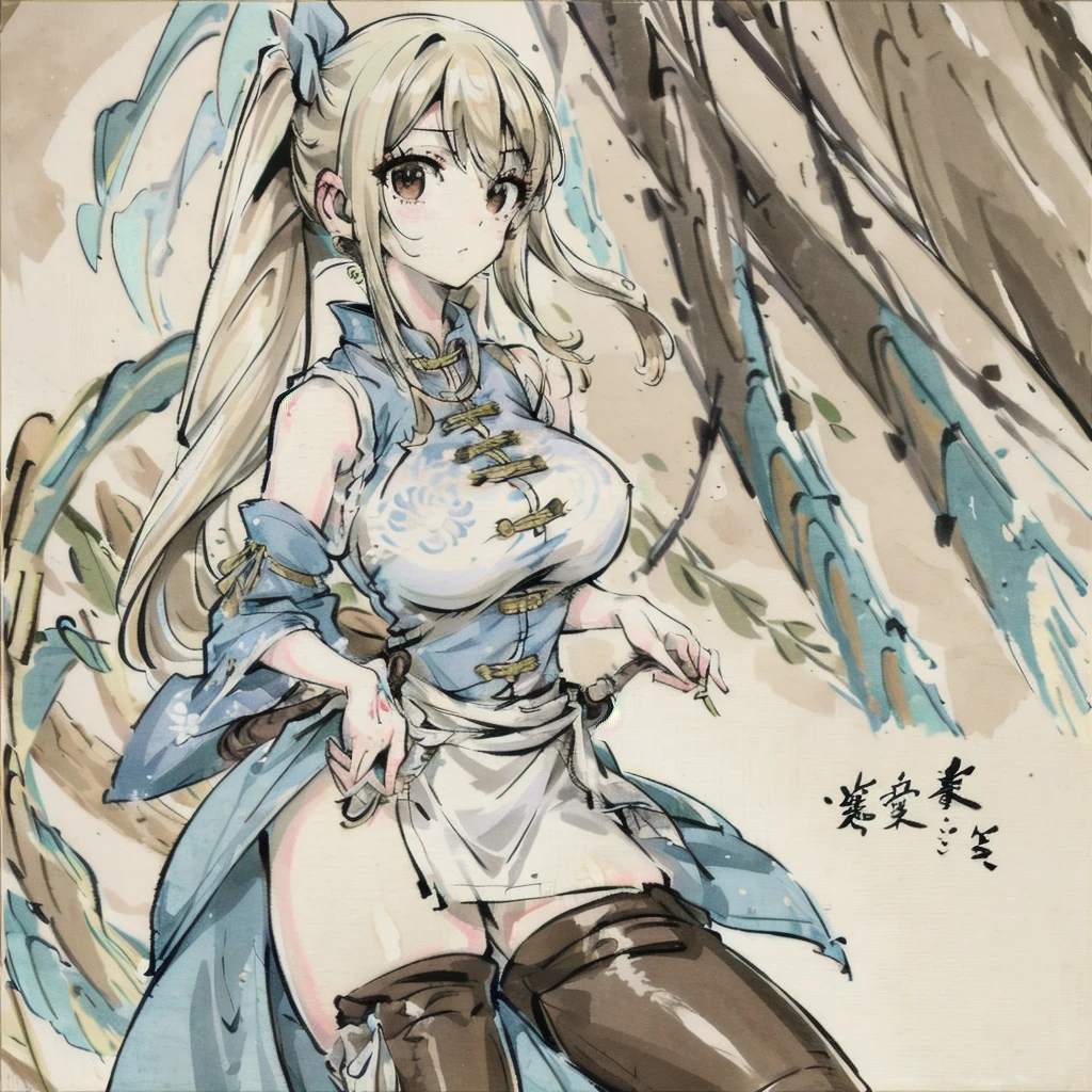 , blonde hair, brown eyes, lucy heartfilia, side ponytail, sleeveless blue shirt, large breasts, brown thigh boots, white skirt, shukezouma, negative space, , shuimobysim , portrait of a woman standing , willow branches, (masterpiece, best quality:1.2), traditional chinese ink painting