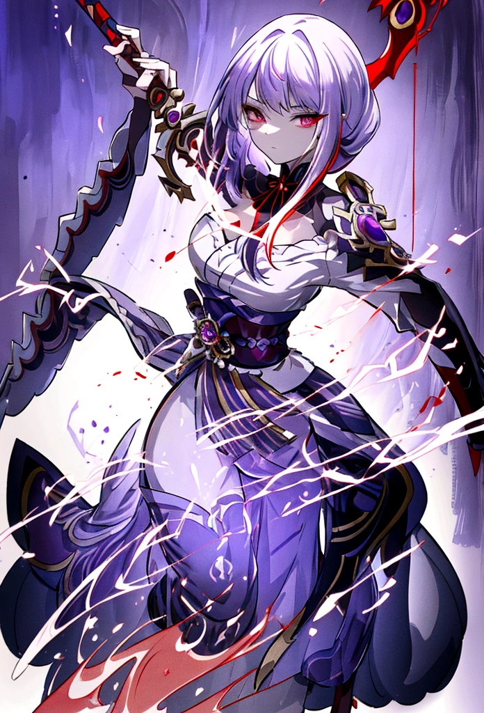 a woman with white hair and red streaks, neutral facial expression, detailed red eyes, holding a large ornate purple sword, detailed eyes, extremely detailed sword, cinematic dramatic lighting, fantasy, concept art
