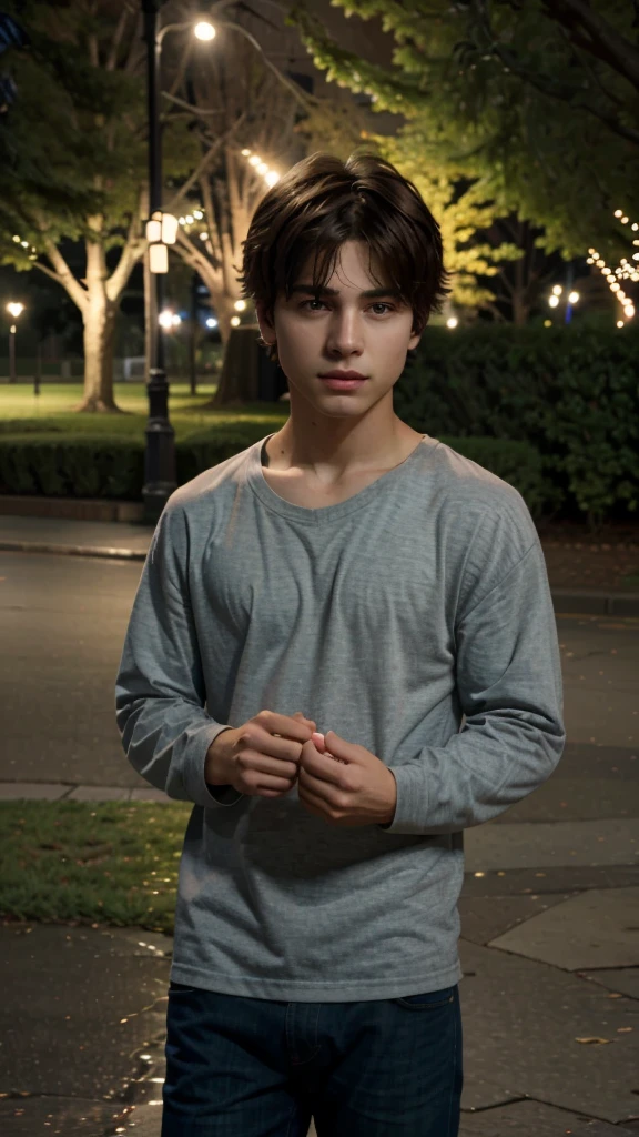 ultra high res.photorealistic:.1.4,UHD, beautiful boy, in the park, night, Distracted 