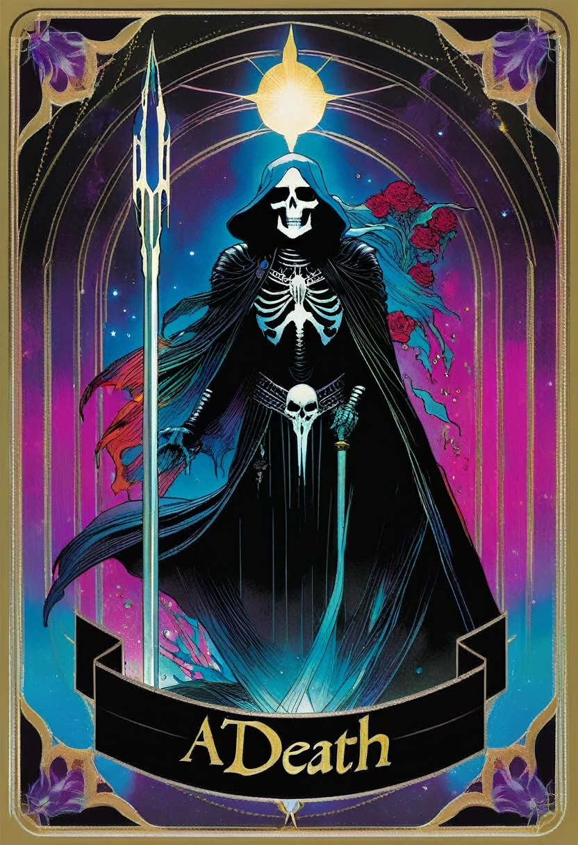 tarot card, a card, card : "THE DEATH", tarot card frame,vivid colors (art inspired by Bill Sienkiewicz). text: THE DEATH