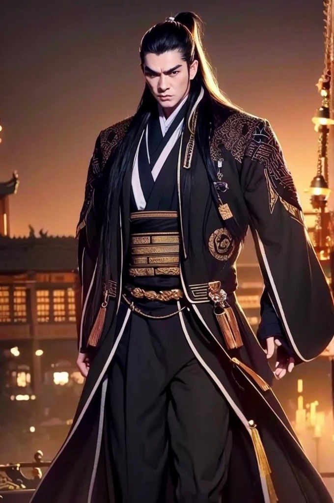 a man in a black robe, young and handsome man, ponytail, long hair, ancient Chinese clothing, qi, a huge saber, ancient Chinese buildings in the background, night, powerful character, purple rays, a beautiful landscape. Detailed face, thick eyebrows, black eyes, 8k, robe embroidered with gold edges, detailed clothing, xianxia, ​​world of cultivation.