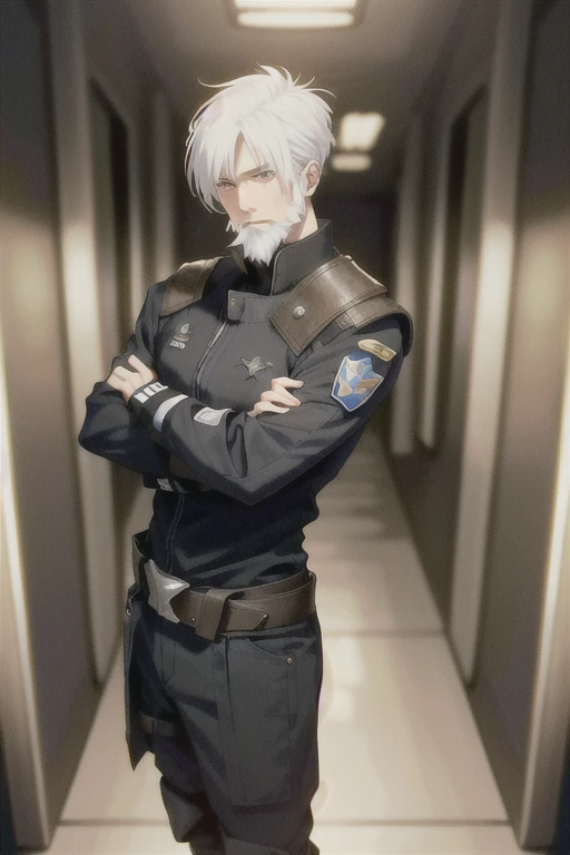 "An older man named Marcus Steele with white hair and beard, wearing a blue spaceship commander uniform in the style of the crew of the Normandy Ship from Mass Effect. He stands in an open room of the ship, without any decorations or furniture The artistic style is a mixture of Seinen subgenre manga. He wears a simple uniform with four Captain stripes on the shoulder pads, without a belt. He has an expression of confidence in the face of significant danger, with green eyes, hair. and well-trimmed beard. The composition of the image shows the character facing us, with his arms crossed and full body."