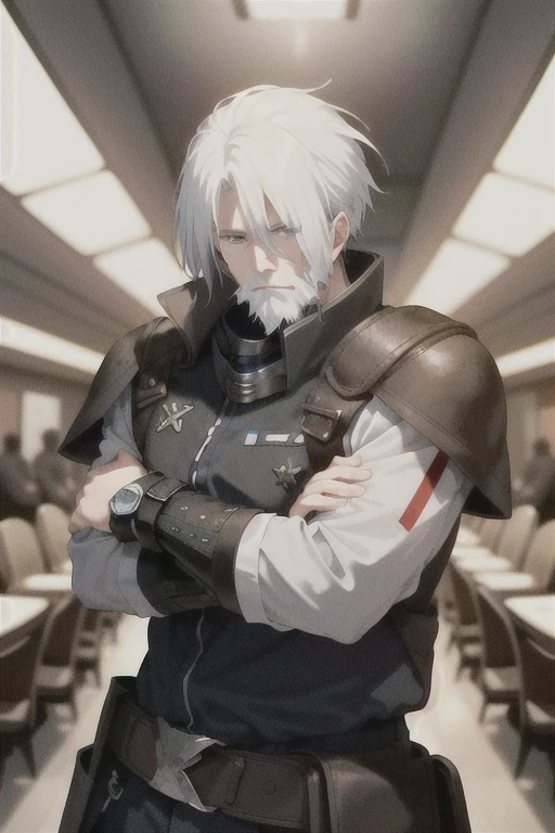 "An older man named Marcus Steele with white hair and beard, wearing a blue spaceship commander uniform in the style of the crew of the Normandy Ship from Mass Effect. He stands in an open room of the ship, without any decorations or furniture The artistic style is a mixture of Seinen subgenre manga. He wears a simple uniform with four Captain stripes on the shoulder pads, without a belt. He has an expression of confidence in the face of significant danger, with green eyes, hair. and well-trimmed beard. The composition of the image shows the character facing us, with his arms crossed and full body."