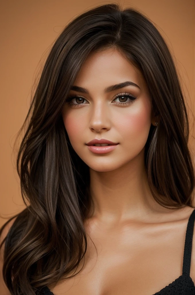 Could you draw a brunette girl?, de cabello negro, nariz un poco ancha y recta, with heart-shaped lips, mejillas