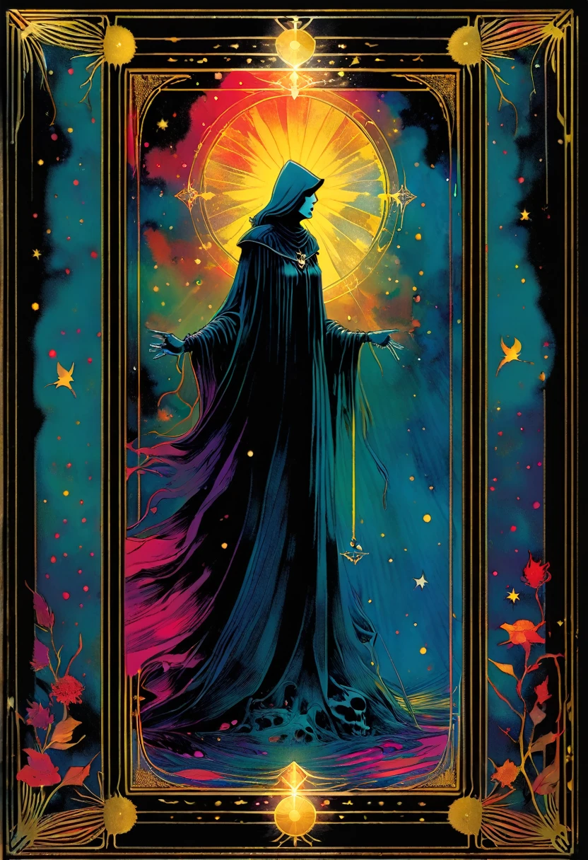 tarot card, a card, card : "THE DEATH", tarot card frame,vivid colors (art inspired by Bill Sienkiewicz). text: THE DEATH
