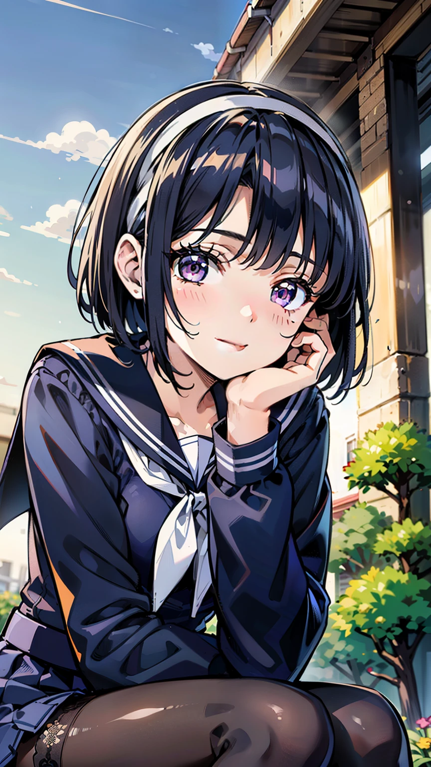 sailor uniform, One Woman, (A beauty woman, Delicate high school girl:1.3), 8K, highest quality, masterpiece, Very detailed, Ultra-high resolution, Realistic, RAW Photos, Absolute Resolution, Black Hair, Bobcut, Small face compared to body, Very small face, Black Hair, ((Navy blue sailor suit)), Navy Blue Skirt, High school girl in sailor suit, 2D Rendering of Anime, ((White headband)), Small breasts, tall, Slanted Eyes, Purple Eyes, Black Stockings, garter belt, Embarrassed smile, garden, (Thinking pose:1.3), (Top-down position:1.3), blurry background,