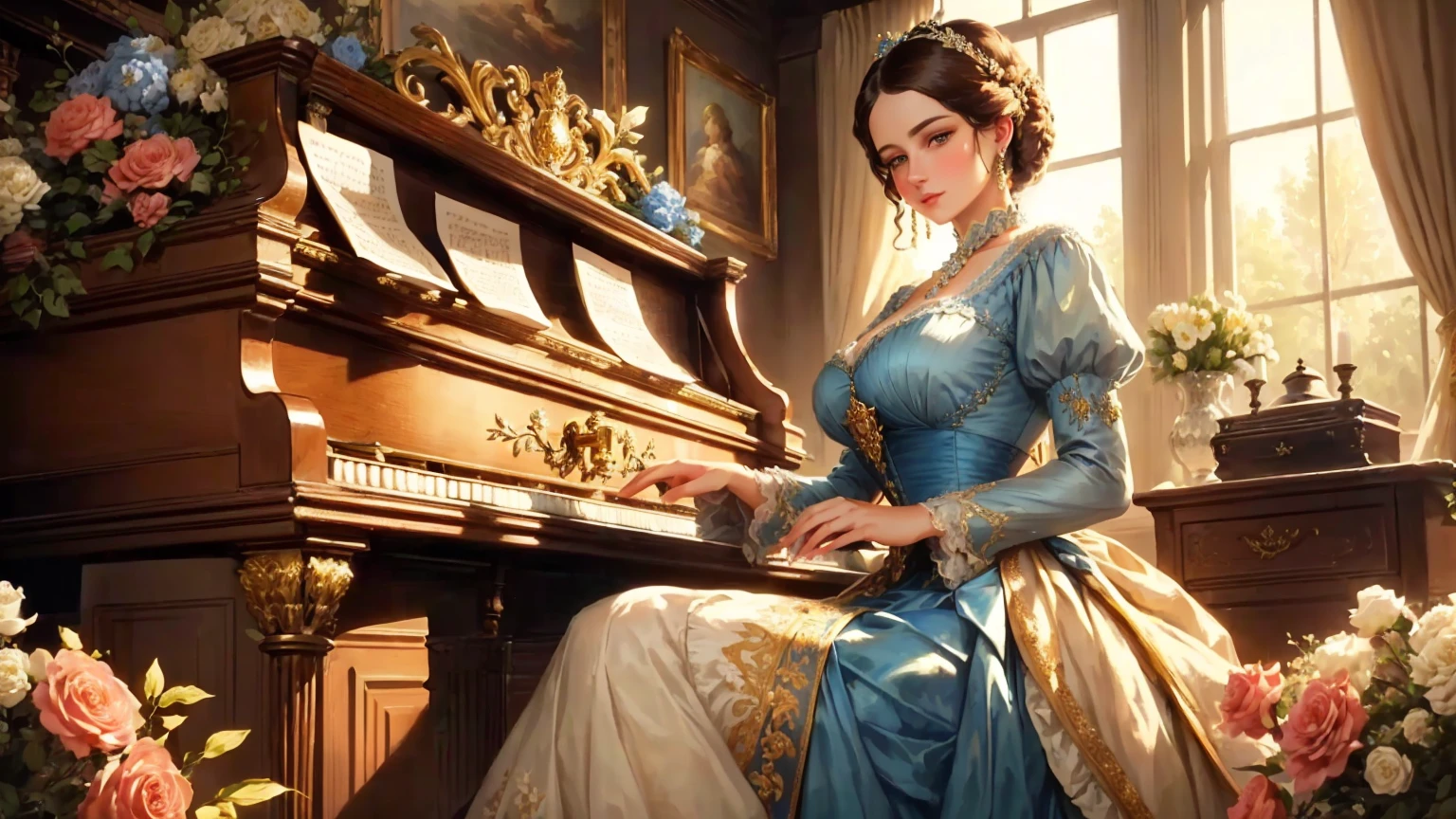 A beutiful realistic scene of a haughty lady in a blue old fashioned dress; lady perfect eyes, lady perfect face, lady perfect hands; the background is large and vintage, a ancient house with a golden piano and a lot of flowers; masterpiece; ultra hd, 4k