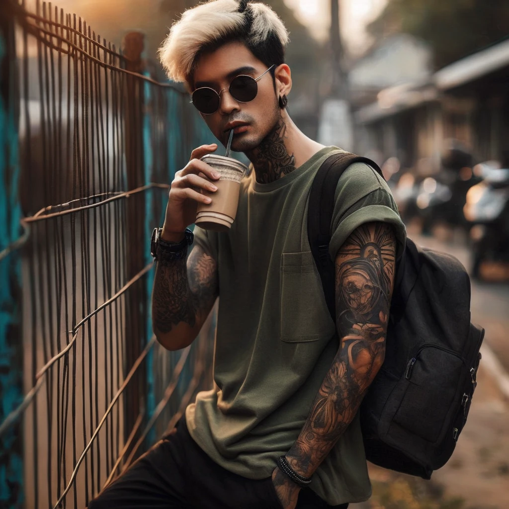 Fullbody shot of a Indonesian man tattoed in arms with black and blonde short hair in green shirt leaning on the fence while smoking, carrying a mini backpack, gaze at the camera, high quality portrait, editorial photography, casual photography, profile picture 1024px, photography alexey gurylev, raphael personnaz, daniel dociu, photo portrait, inspired by Elsa Bleda, mid shot portrait, editorial photograph, jakub rebelka, joel fletcher
