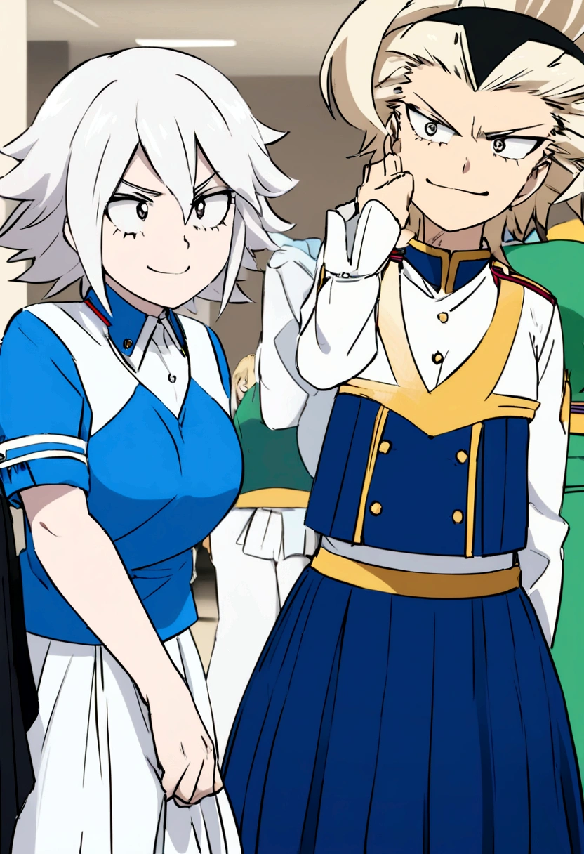Captura de pantalla de my hero academia anime.
Pale skinned girl with white hair, lacio y largo, con flequillo tipo coreano y dos antenas en su cabeza de color azul celeste. Completely white eyes and smiling expression in the UA uniform buying clothes and dresses in the mall together with her classmate Mina Ashido