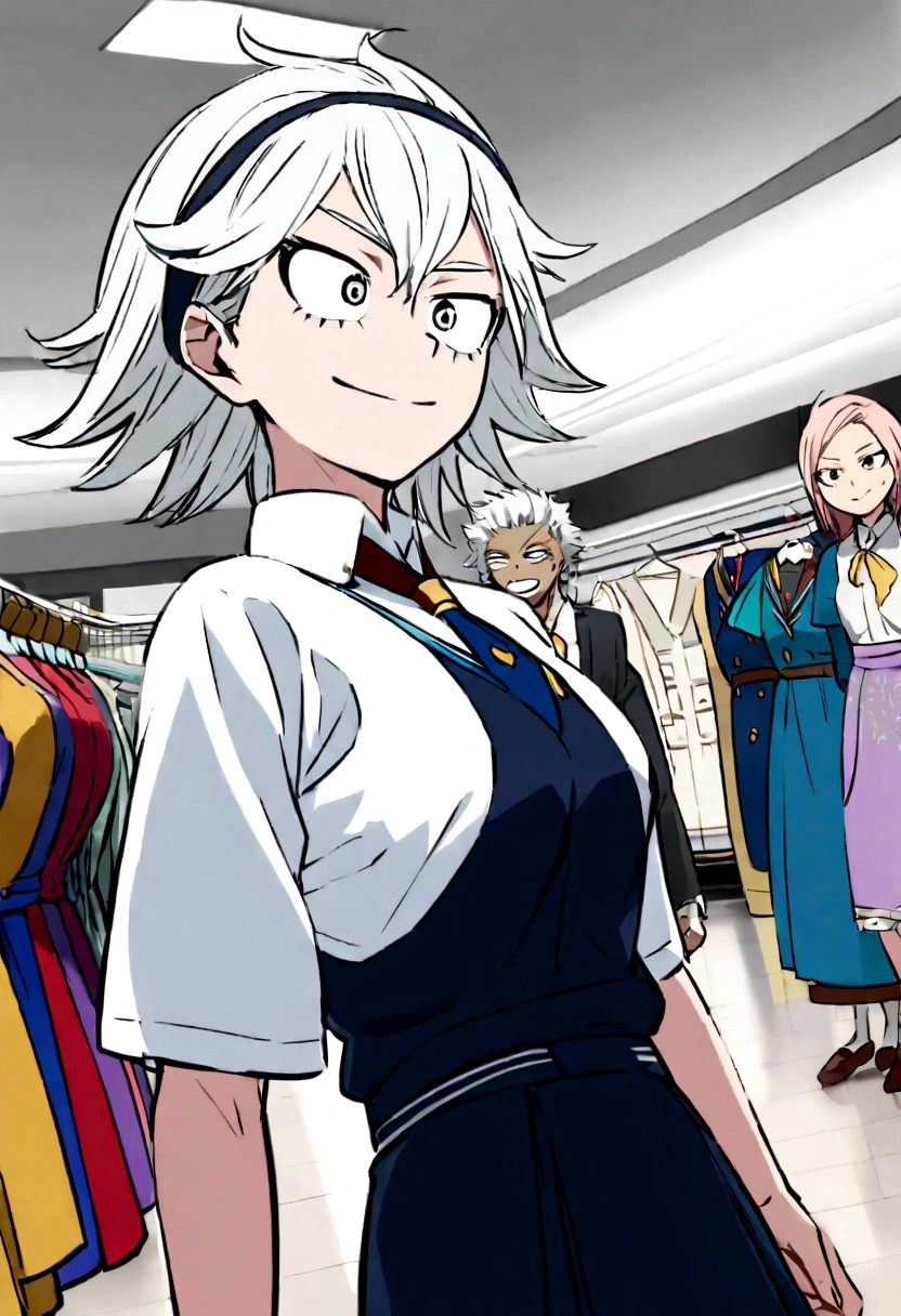 Captura de pantalla de my hero academia anime.
Pale skinned girl with white hair, lacio y largo, con flequillo tipo coreano y dos antenas en su cabeza de color azul celeste. Completely white eyes and smiling expression in the UA uniform buying clothes and dresses in the mall together with her classmate Mina Ashido
