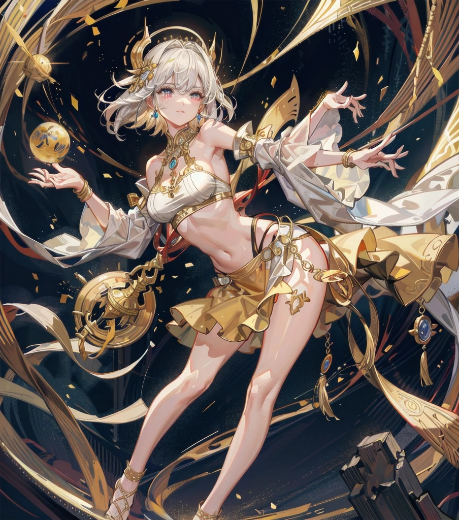 medium hair, medium tits, tearful mole, earring, full body, gorgeous belly-dancer in jewelry-dress, white marble castle with golden ornates, Transparent white hanfu golden ornates, gold jewels,