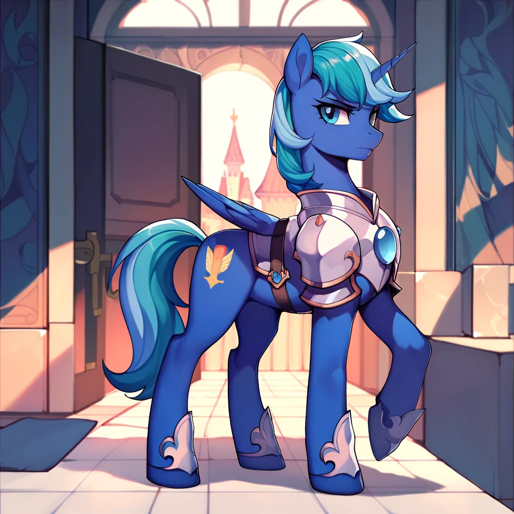 Shop owner, my little pony, nice mane, castle guards, with weapons, guarding a door