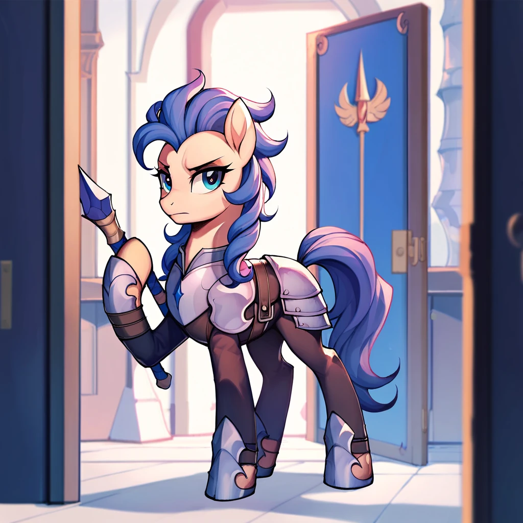 Shop owner, my little pony, nice mane, castle guards, with weapons, guarding a door