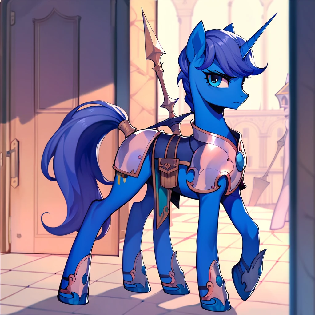 Shop owner, my little pony, nice mane, castle guards, with weapons, guarding a door