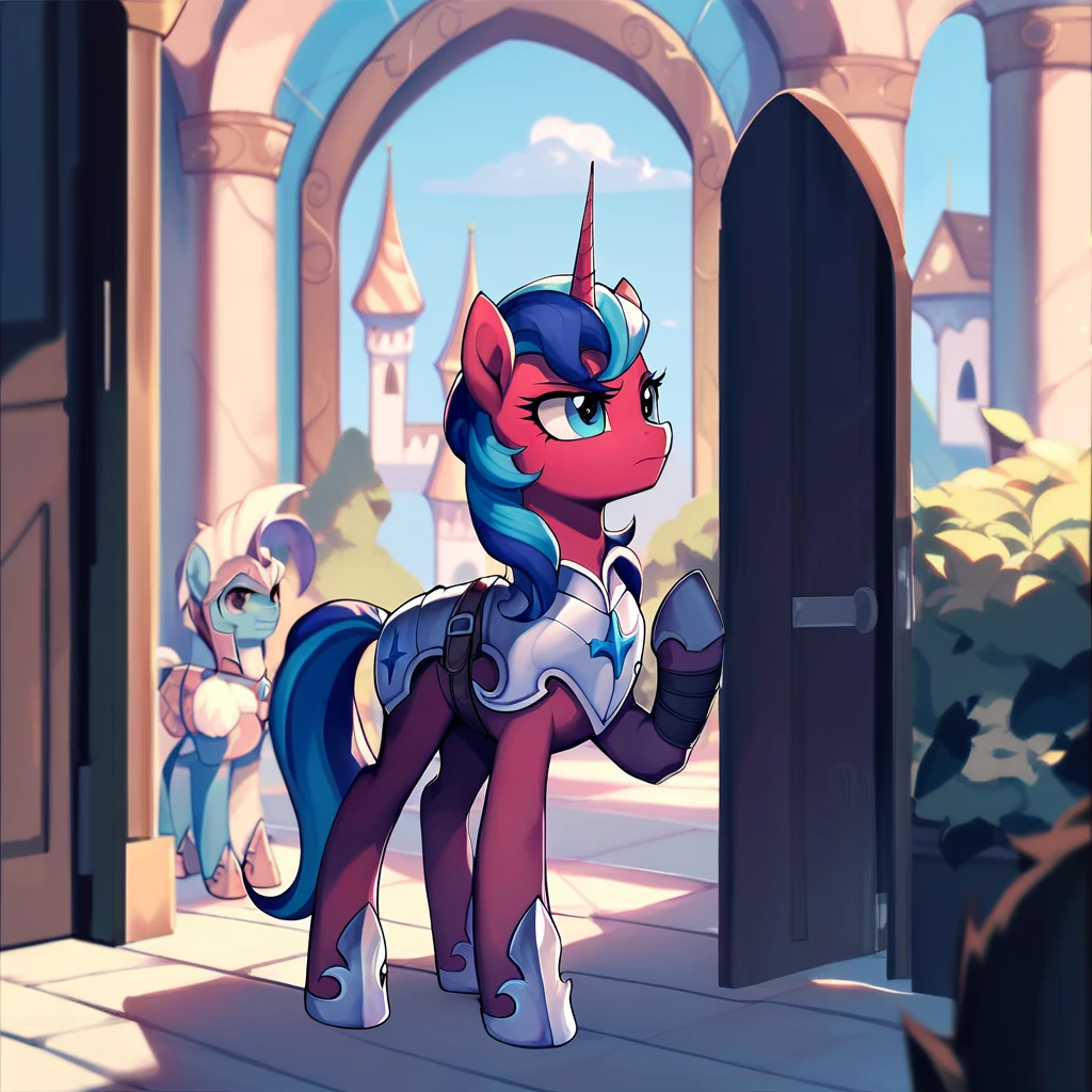 Shop owner, my little pony, nice mane, castle guards, with weapons, guarding a door