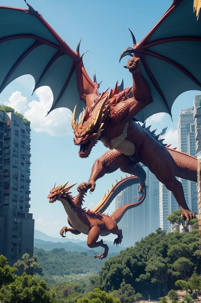 Make an ultra mega big dragon fighting with a monkey over 100 meters the size of a building and super pumped and ultra mega realistic 