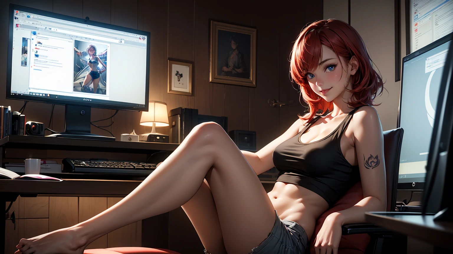 Create a high-quality, detailed image of a beautiful, sexy anime lofi girl with short, red hair, bright blue eyes, and a smile, sitting at her gaming PC in a cozy lounge. She has tattoos and wears a tank top and shorts, showing her shoulder and midriff, highlighting her stunning curves and toned body. The warm, inviting scene includes soft ambient lighting, comfortable seating, and a high-end PC setup with multiple monitors and RGB lighting. The setting is illuminated by a small lamp, creating a serene and intimate atmosphere (HIGH QUALITY) 