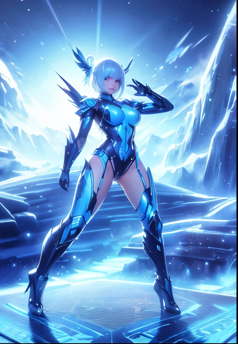 (high-res, vivid colors), blue bird alien, detailed feathers, sparkling eyes, alien landscape, vibrant colors, surreal atmosphere, glowing lights, otherworldly features, intricate patterns, dreamlike scenery, Arctic Frost Ranger: A suit featuring icy blue and frosty white hues, accented with snowflake patterns and frost crystals. This Ranger commands the power of ice and cold, with abilities such as creating blizzards, forming ice constructs for defense, and freezing enemies in their tracks.