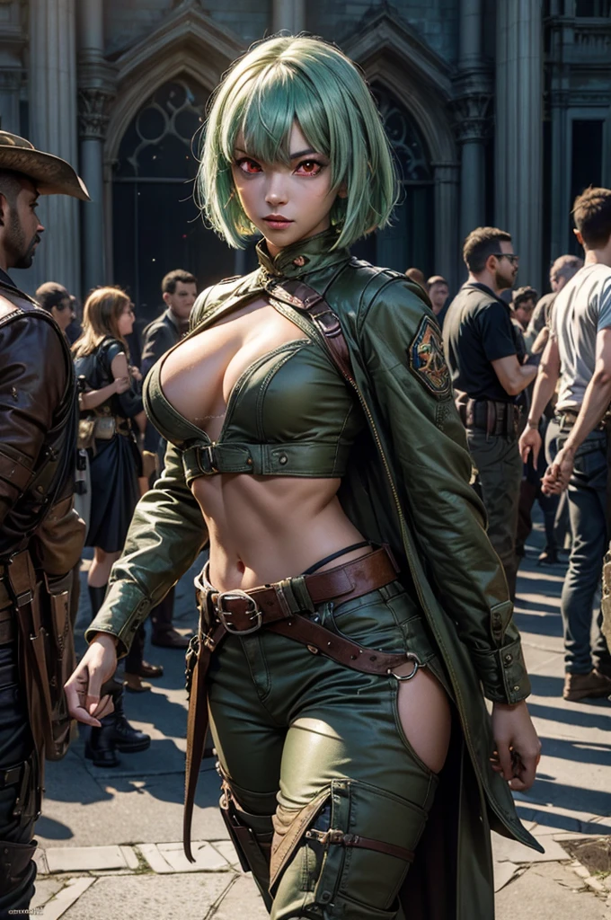 emeraldsustrai, emerald sustrai, short hair, (red eyes:1.5), green hair, dark skin, dark-skinned female, BREAK navel, cleavage, midriff, belt, cleavage cutout, chaps, hand on hip, BREAK outside palace, floor, marble pillars, tall stained glass windows, BREAK courtyard, large crowd, (((crowd in military dress))), (volumetric lighting), intricate details, tonemapping, sharp focus, hyper detailed, (cowboy shot:1.5), BREAK (masterpiece:1.2), best quality, high resolution, unity 8k wallpaper, (illustration:0.8), (beautiful detailed eyes:1.6), extremely detailed face, perfect lighting, extremely detailed CG, (perfect hands, perfect anatomy),