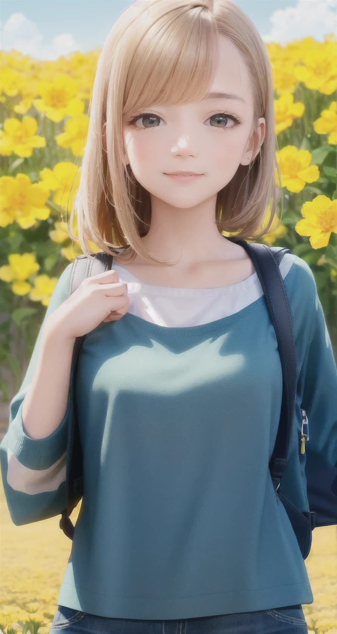 Tip: A very charming  with a backpack and her cute puppy enjoying a lovely spring outing surrounded by beautiful yellow flowers and nature. The illustration is a high-definition illustration in 4k resolution, featuring highly detailed facial features and cartoon-style visuals.