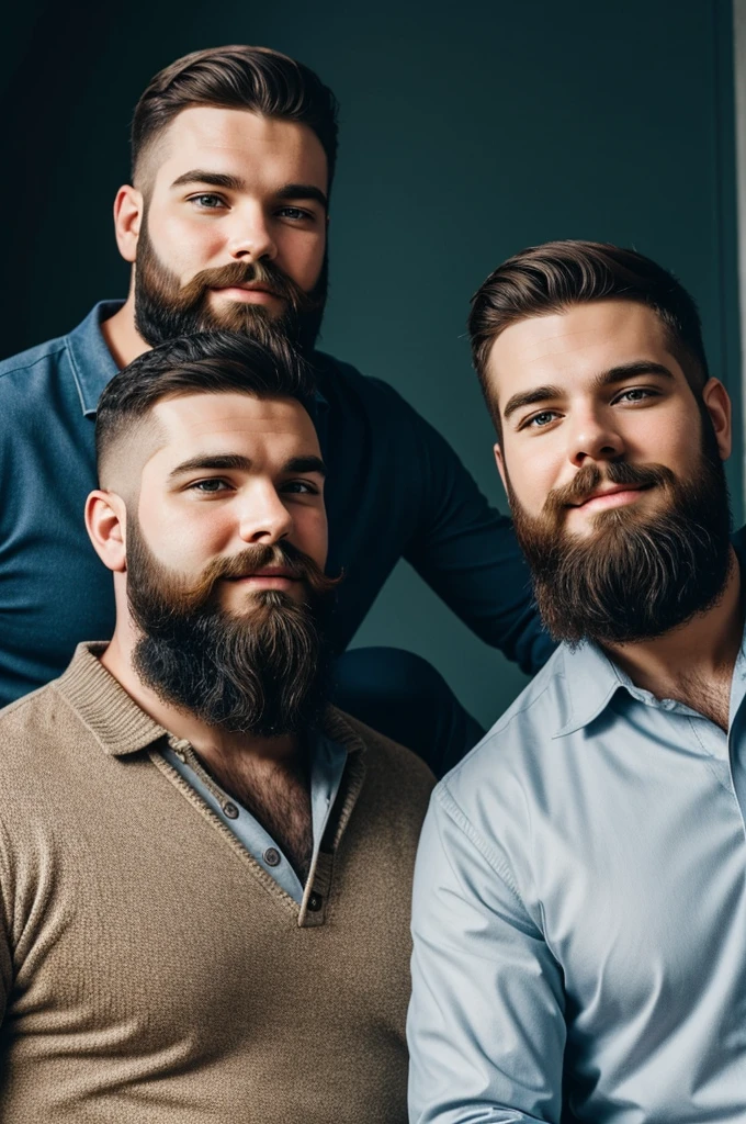 Generate for me a family animated image of 1 adult with a beard, 2 young men with beards and a