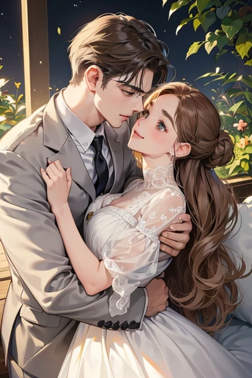 (table top, digital illustration, 4k, 8k, Super detailed, beautiful images, clear image, perfect face, perfect lines, perfect eyes, soft lighting) 1 female, (light brown hair,chignon hair,innocent look,droopy eyebrows,droopy eyes、With a round face,round chin、innocence,cute,Big eyes,natural makeup,smile gently,E cup,23 years old:1.3),Two handsome men in suits, (human,man in suit,muscular,solid shoulder width, boyish hairstyle,A man in his 30s with a cool expression,28 year old man with a bright smile:1.2),garden full of light、lots of flowers、Squirting、colorful flower light,(embarrassing,shy smile:1.2),resort sofa,kiss、Couple kiss、romance porn、couple of man and woman hugging each other、