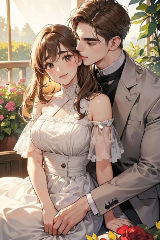 (table top, digital illustration, 4k, 8k, Super detailed, beautiful images, clear image, perfect face, perfect lines, perfect eyes, soft lighting) 1 female, (light brown hair,chignon hair,innocent look,droopy eyebrows,droopy eyes、With a round face,round chin、innocence,cute,Big eyes,natural makeup,smile gently,E cup,23 years old:1.3),Two handsome men in suits, (human,man in suit,muscular,solid shoulder width, boyish hairstyle,A man in his 30s with a cool expression,28 year old man with a bright smile:1.2),garden full of light、lots of flowers、Squirting、colorful flower light,(embarrassing,shy smile:1.2),resort sofa,kiss、Couple kiss、romance porn、couple of man and woman hugging each other、