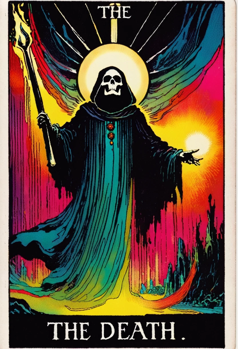 tarot card, a card, card : "THE DEATH", tarot card frame,vivid colors (art inspired by Bill Sienkiewicz). text: THE DEATH