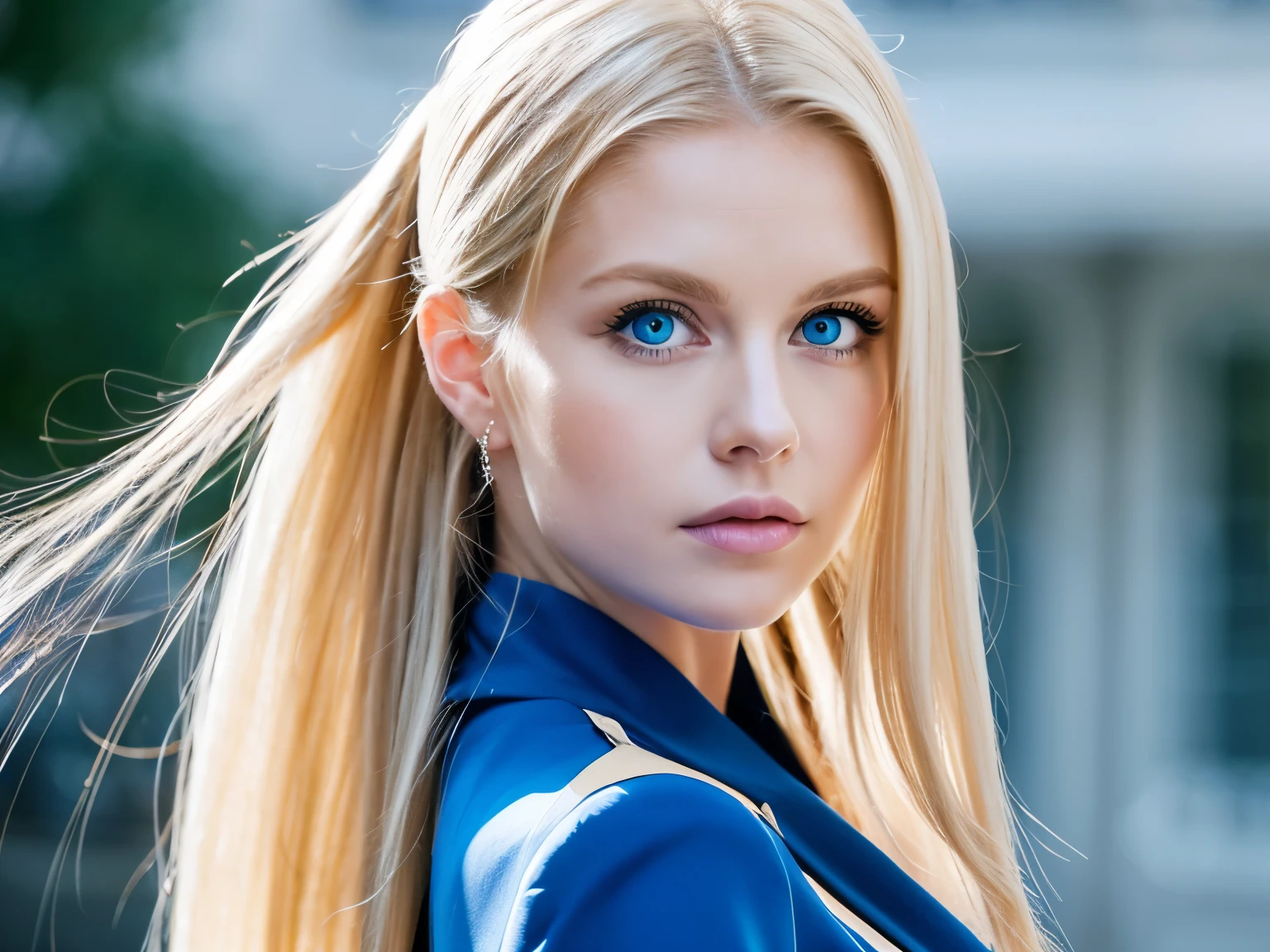 Long ponytail, blue eyes, blonde