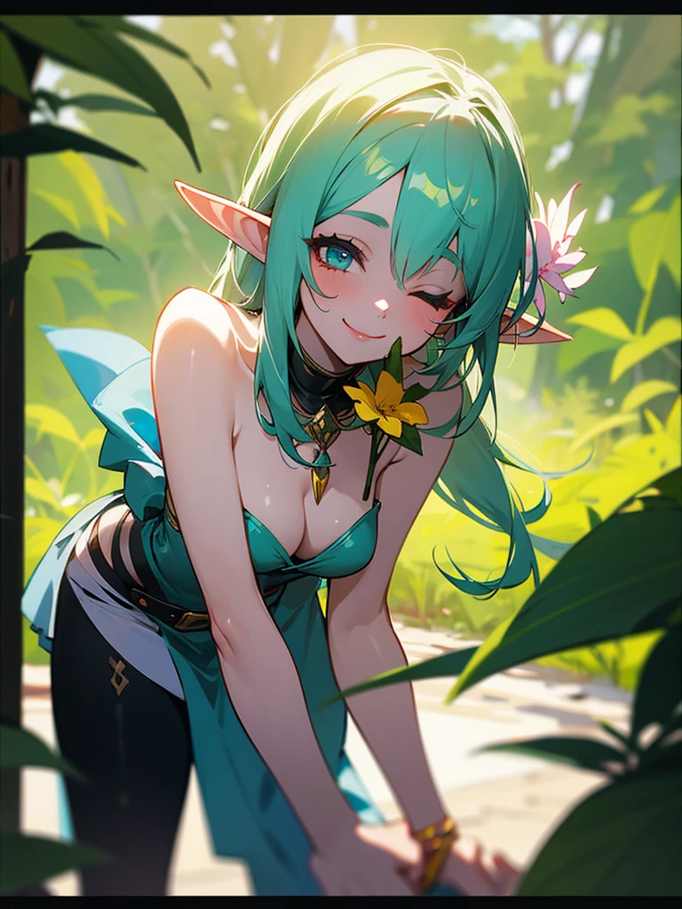 A sexy elf girl, holding a flower in her hand, smiles with her one eye closed, slightly bent over, towards the camera, looks like she's saying thank you