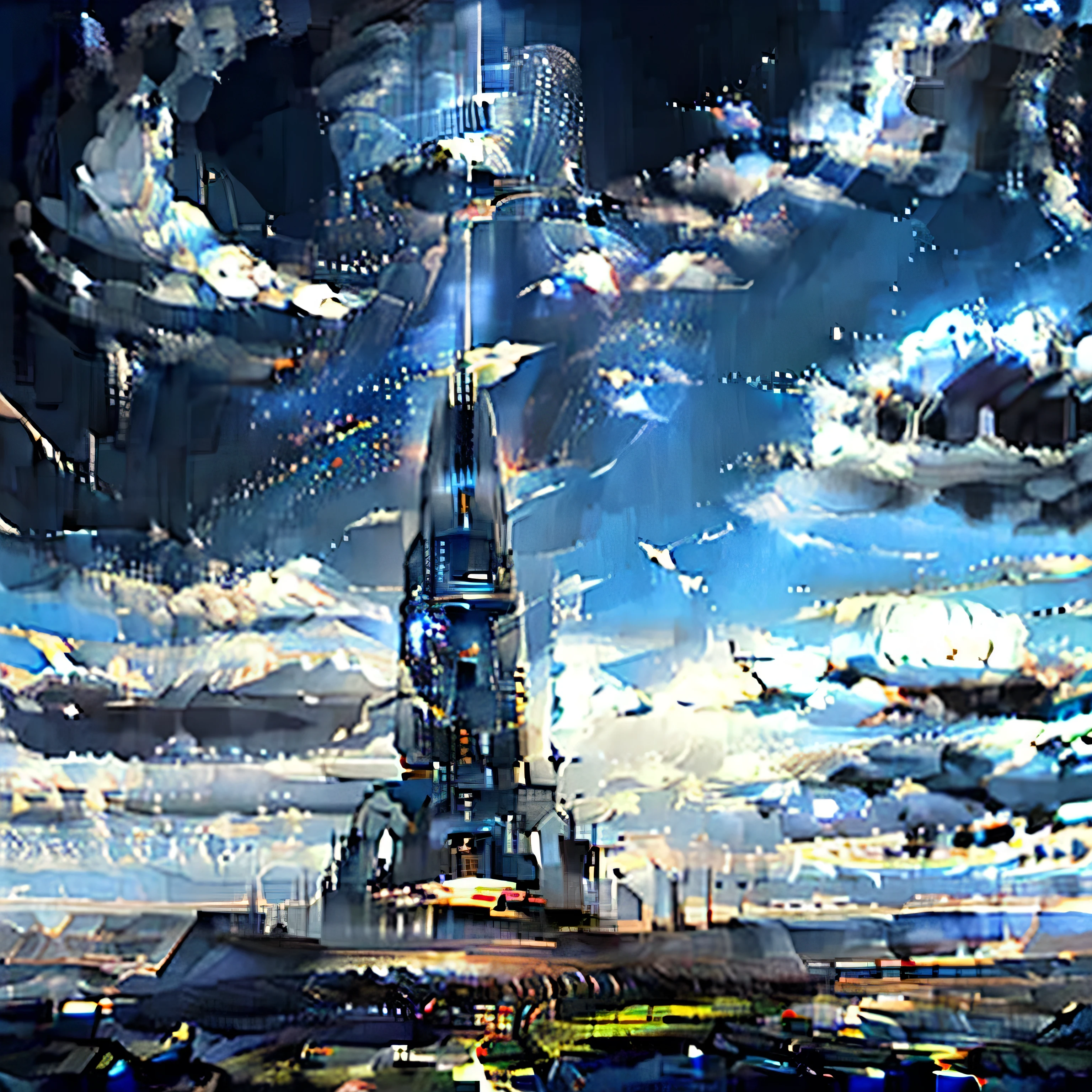 A futuristic tower in the center of the painting　Fantastic sky　A sky somewhere between the night sky and the morning sky　Piercing the clouds　The scenery I looked up at　A ruined world