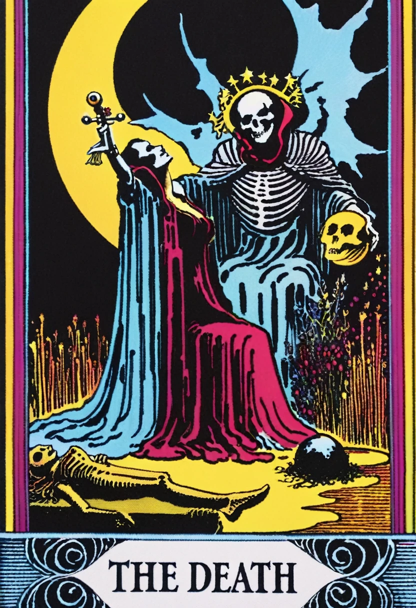 tarot card, a card, card : "THE DEATH", tarot card frame,vivid colors (art inspired by Bill Sienkiewicz). text: THE DEATH
