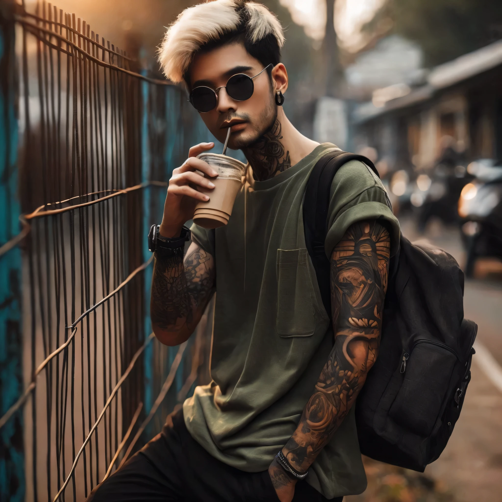 Fullbody shot of a Indonesian man tattoed in arms with black and blonde short hair in green shirt leaning on the fence while smoking, carrying a mini backpack, gaze at the camera, high quality portrait, editorial photography, casual photography, profile picture 1024px, photography alexey gurylev, raphael personnaz, daniel dociu, photo portrait, inspired by Elsa Bleda, mid shot portrait, editorial photograph, jakub rebelka, joel fletcher