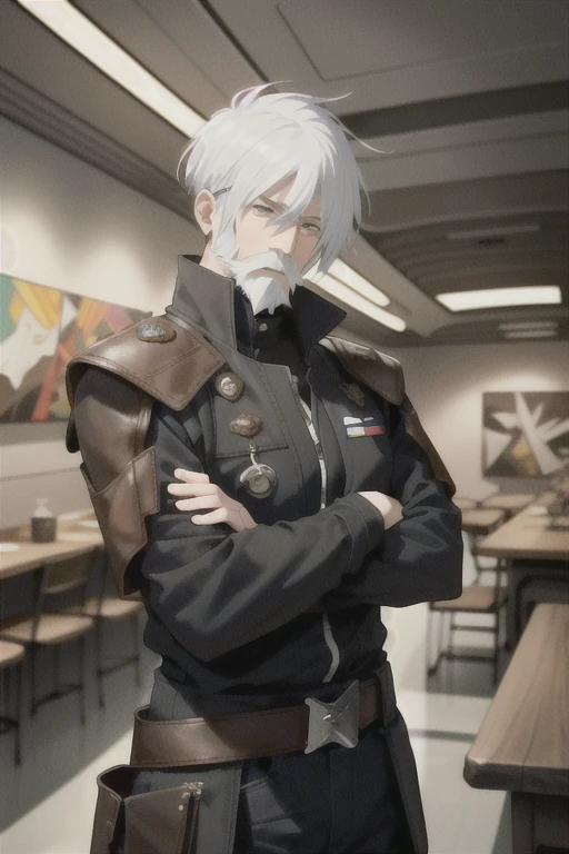 "An older man named Marcus Steele with white hair and beard, wearing a blue spaceship commander uniform in the style of the crew of the Normandy Ship from Mass Effect. He stands in an open room of the ship, without any decorations or furniture The artistic style is a mixture of Seinen subgenre manga. He wears a simple uniform with four Captain stripes on the shoulder pads, without a belt. He has an expression of confidence in the face of significant danger, with green eyes, hair. and well-trimmed beard. The composition of the image shows the character facing us, with his arms crossed and full body."