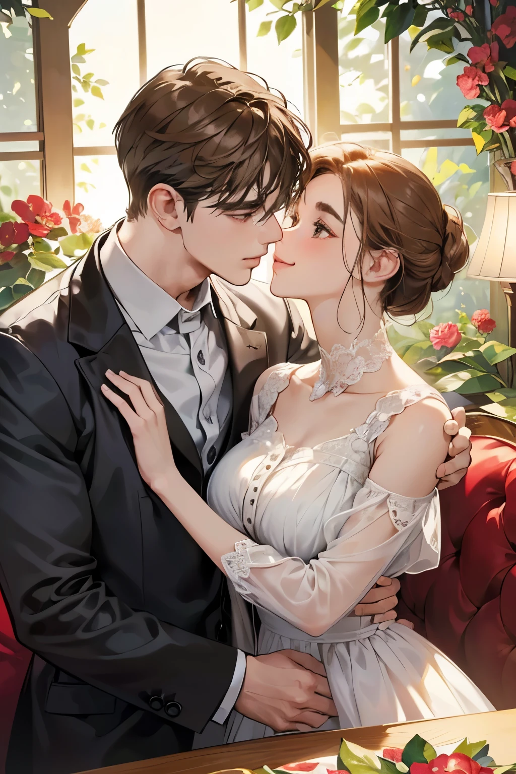 (table top, digital illustration, 4k, 8k, Super detailed, beautiful images, clear image, perfect face, perfect lines, perfect eyes, soft lighting) 1 female, (light brown hair,chignon hair,innocent look,droopy eyebrows,droopy eyes、With a round face,round chin、innocence,cute,Big eyes,natural makeup,smile gently,E cup,23 years old:1.3),Two handsome men in suits, (human,man in suit,muscular,solid shoulder width, boyish hairstyle,A man in his 30s with a cool expression,28 year old man with a bright smile:1.2),garden full of light、lots of flowers、Squirting、colorful flower light,(embarrassing,shy smile:1.2),resort sofa,kiss、Couple kiss、romance porn、couple of man and woman hugging each other、