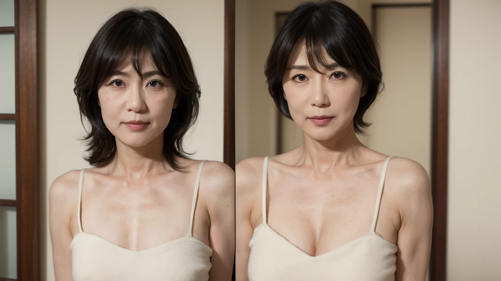 ((Highest quality, 8K, Ultra high definition)), ((masterpiece: 1.3)), (Perfect appearance), (Photorealism: 1.6), (JMA), (TI), (Portrait of a Japanese mature woman), (Japanese mature woman standing at the door), (Blurred Background: 1.8), ((A naked woman standing in the center of the screen)), ((Realistic skin texture)), (Fine lines all over the skin), (Dull skin), (Facial wrinkles), (Wrinkles around the eyes), double eyelid, Tear bags under the eyelids, (Short bangs), (Long Hair), (Disheveled Hair), (Slim body), (Small breasts, Flat Chest), (Small breasts), (Flaky, saggy breasts: 1.4), (Manicured pubic hair), (Four numbers on the upper body),