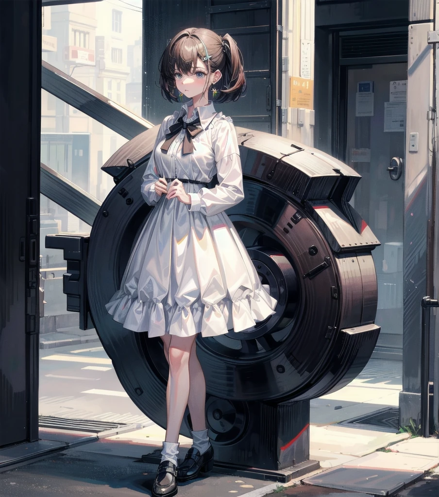 medium hair, medium tits, tearful mole, earring, full body, collared shirt dress,