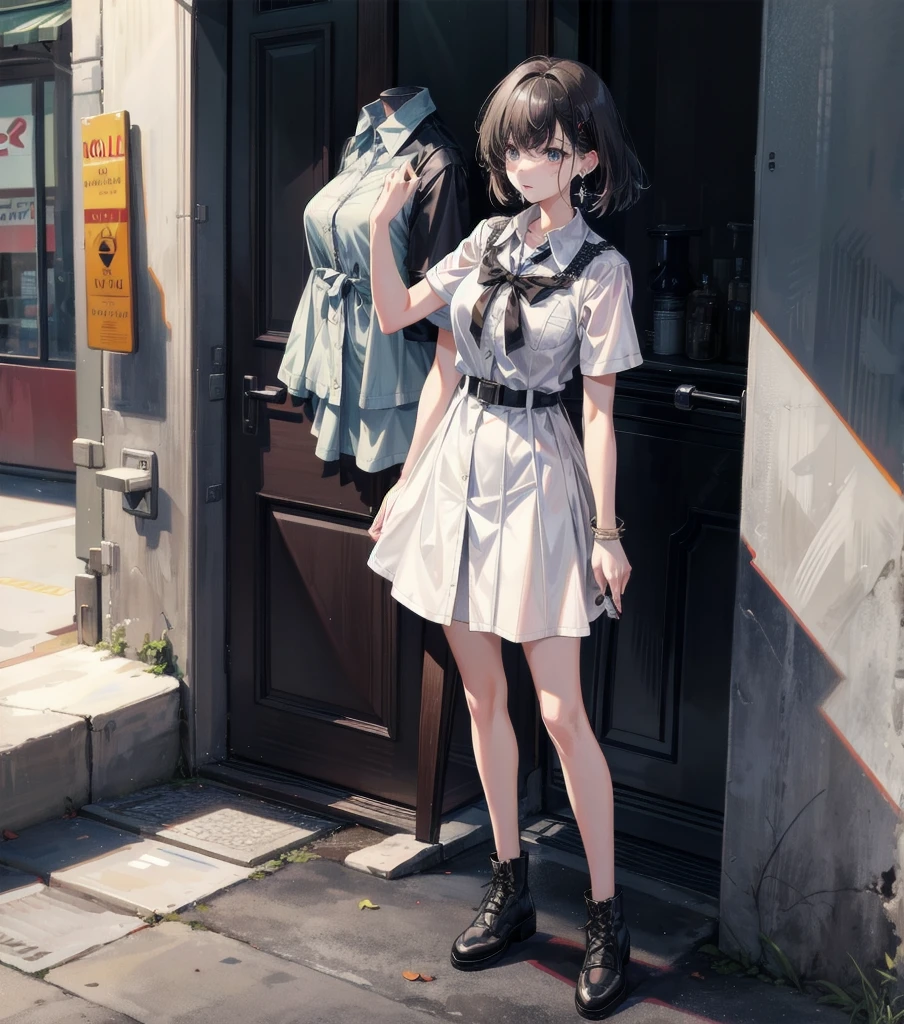 medium hair, medium tits, tearful mole, earring, full body, collared shirt dress,