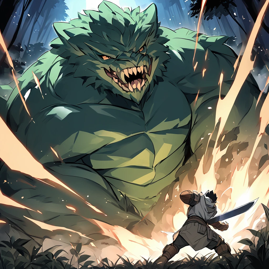 Homem vestindo uma armadura usando espada e escudo em uma floresta a noite e lutando contra um monstro.