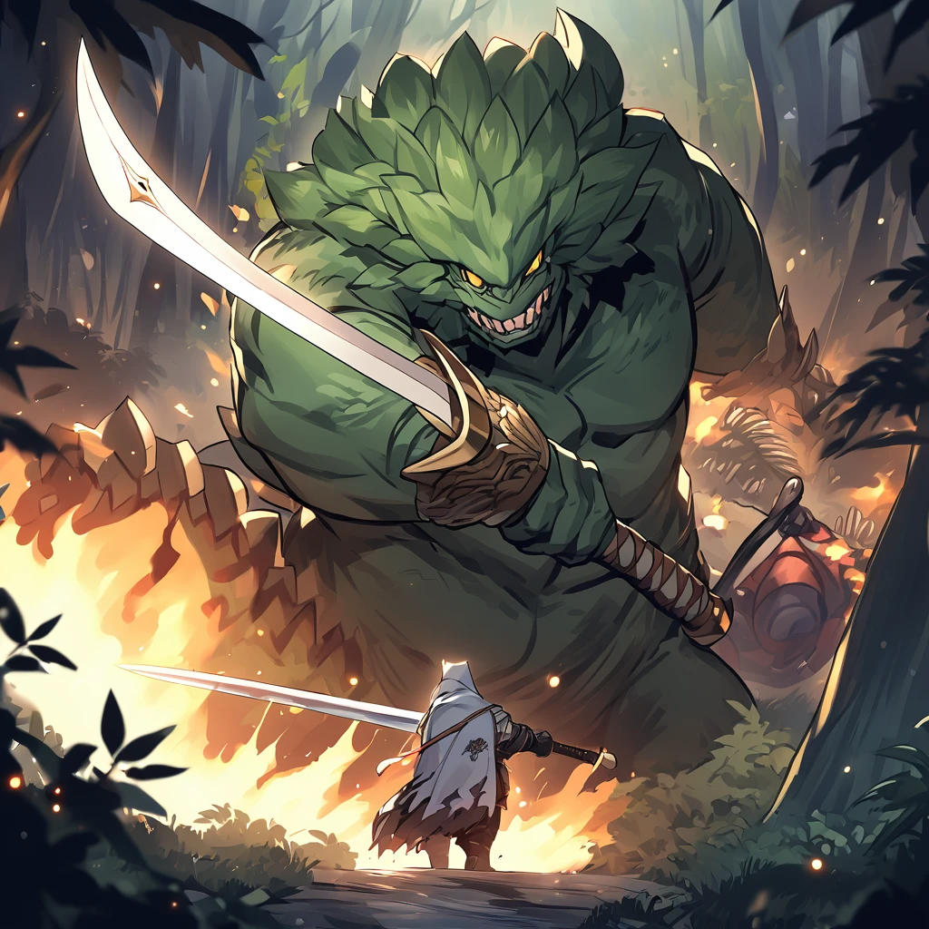 Homem vestindo uma armadura usando espada e escudo em uma floresta a noite e lutando contra um monstro.