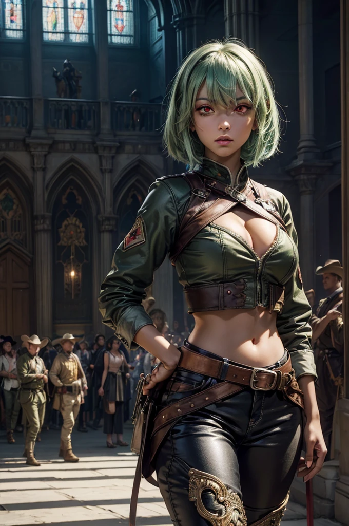emeraldsustrai, emerald sustrai, short hair, (red eyes:1.5), green hair, dark skin, dark-skinned female, BREAK navel, cleavage, midriff, belt, cleavage cutout, chaps, hand on hip, BREAK outside palace, floor, marble pillars, tall stained glass windows, BREAK courtyard, large crowd, (((crowd in military dress))), (volumetric lighting), intricate details, tonemapping, sharp focus, hyper detailed, (cowboy shot:1.5), BREAK (masterpiece:1.2), best quality, high resolution, unity 8k wallpaper, (illustration:0.8), (beautiful detailed eyes:1.6), extremely detailed face, perfect lighting, extremely detailed CG, (perfect hands, perfect anatomy),