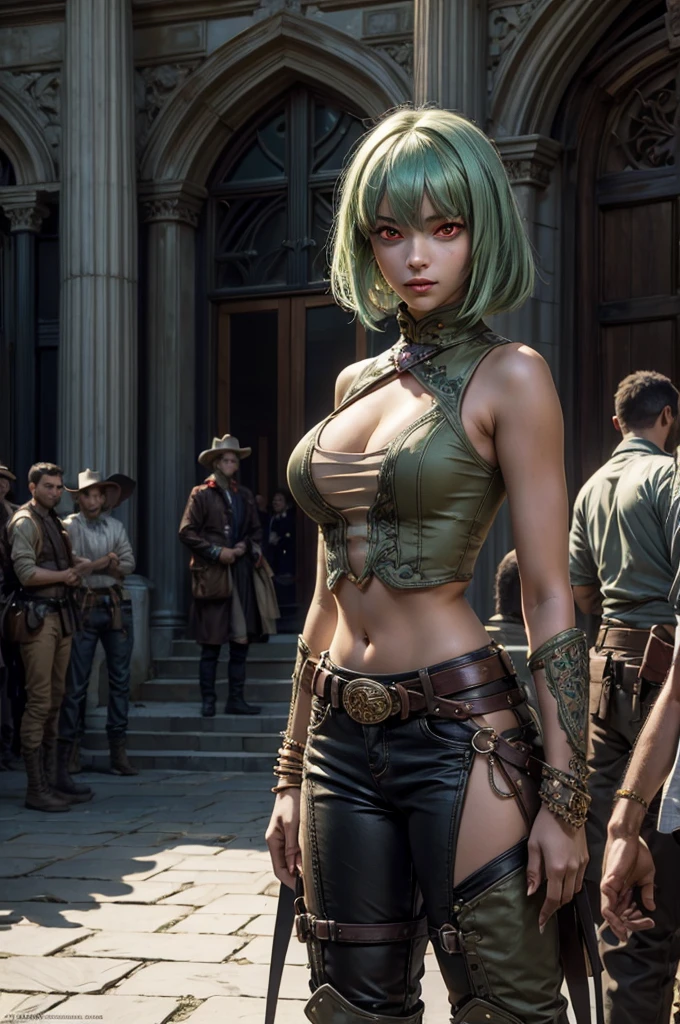 emeraldsustrai, emerald sustrai, short hair, (red eyes:1.5), green hair, dark skin, dark-skinned female, BREAK navel, cleavage, midriff, belt, cleavage cutout, chaps, hand on hip, BREAK outside palace, floor, marble pillars, tall stained glass windows, BREAK courtyard, large crowd, (((crowd in military dress))), (volumetric lighting),  intricate details, tonemapping, sharp focus, hyper detailed, (cowboy shot:1.5), BREAK (masterpiece:1.2), best quality, high resolution, unity 8k wallpaper, (illustration:0.8), (beautiful detailed eyes:1.6), extremely detailed face, perfect lighting, extremely detailed CG, (perfect hands, perfect anatomy),