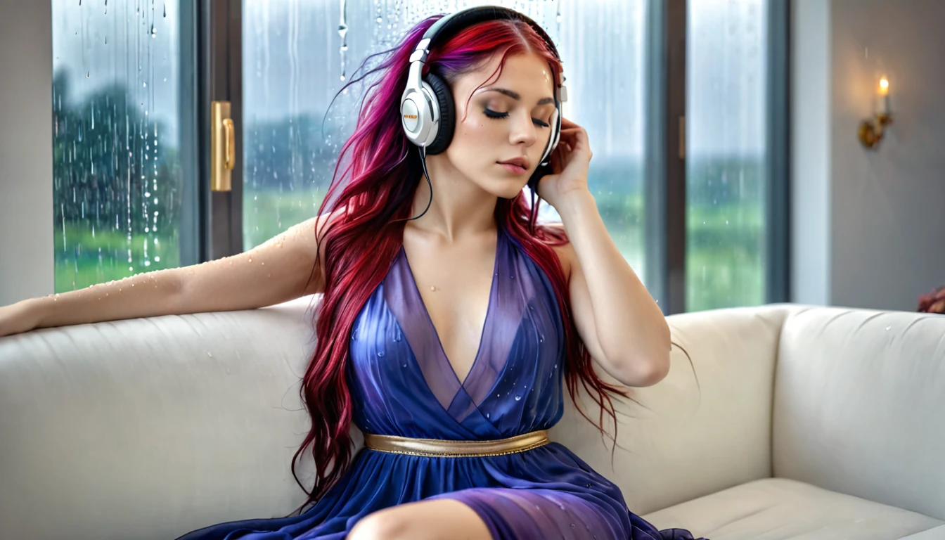 8k, digital image, hdr, sitting on a white ivory sofa with gold, red details, open glass window, rain, a beautiful woman, 25 years old, beautiful, with eyes closed, long purple hair, blue silk dress, headphones by ear