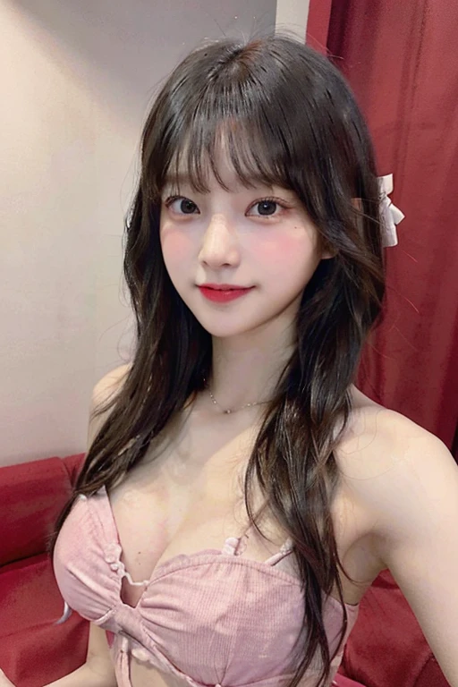 (8k、Highest quality、masterpiece:1.2)、(Realistic、Realistic:1.37)、Sleeveless、Red ribbon、mini skirt、Braided hair、Very detailed、Ultra-high resolution、1 Girl、Beautifully detailed face、Laughter、narrow、(Slim waist) :1.3)、Beautiful and detailed skin、Skin Texture、Floating Hair、Professional Lighting、Human whole body、Mid-length hair、smile、20-year-old、Baby Face、子供っぽいsmile、Moisturizing lips、Dare to show naked、Umbilical cord prolapse、D cup breasts、Cleavage、Bedroom