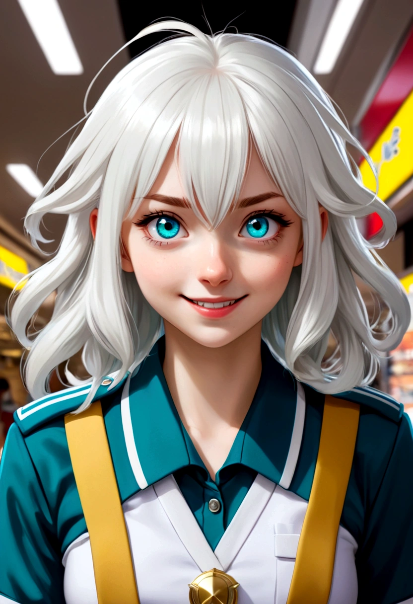 Captura de pantalla de my hero academia anime.
Pale skinned girl with white hair, lacio y largo, con flequillo tipo coreano y dos antenas en su cabeza de color azul celeste. Totally white eyes and smiling expression in UA uniform buying clothes and dresses in the mall.
