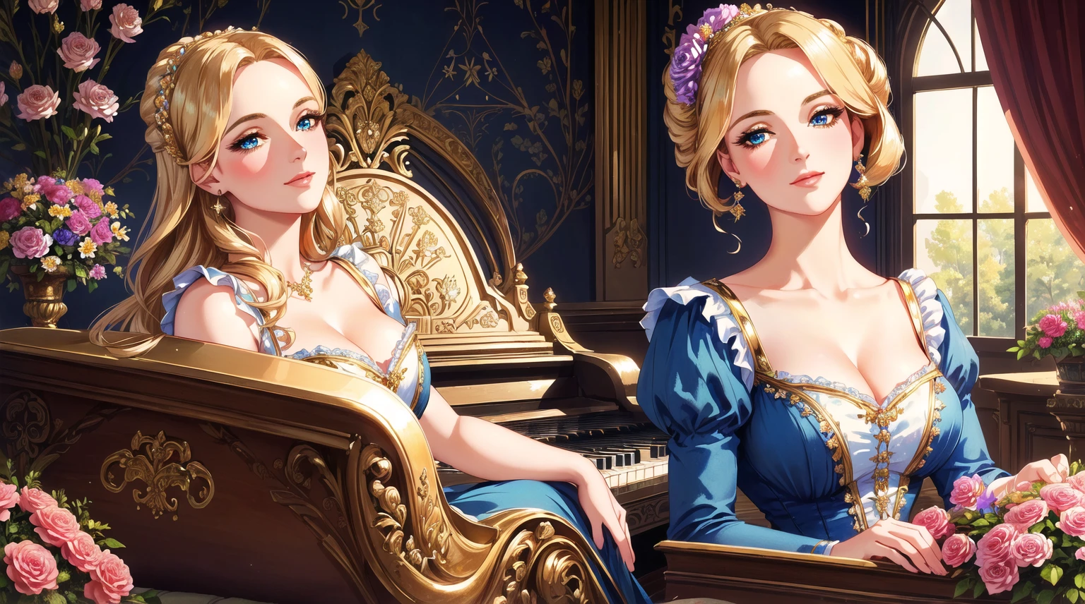 A beutiful realistic scene of a haughty lady in a blue old fashioned dress; lady perfect eyes, lady perfect face, lady perfect hands; the background is large and vintage, a ancient house with a golden piano and a lot of flowers; masterpiece; ultra hd, 4k