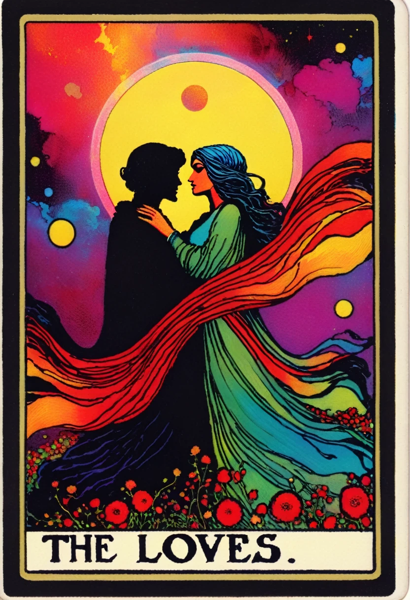 tarot card, a card, card : "THE LOVERS", tarot card frame,vivid colors (art inspired by Bill Sienkiewicz). text: THE LOVERS