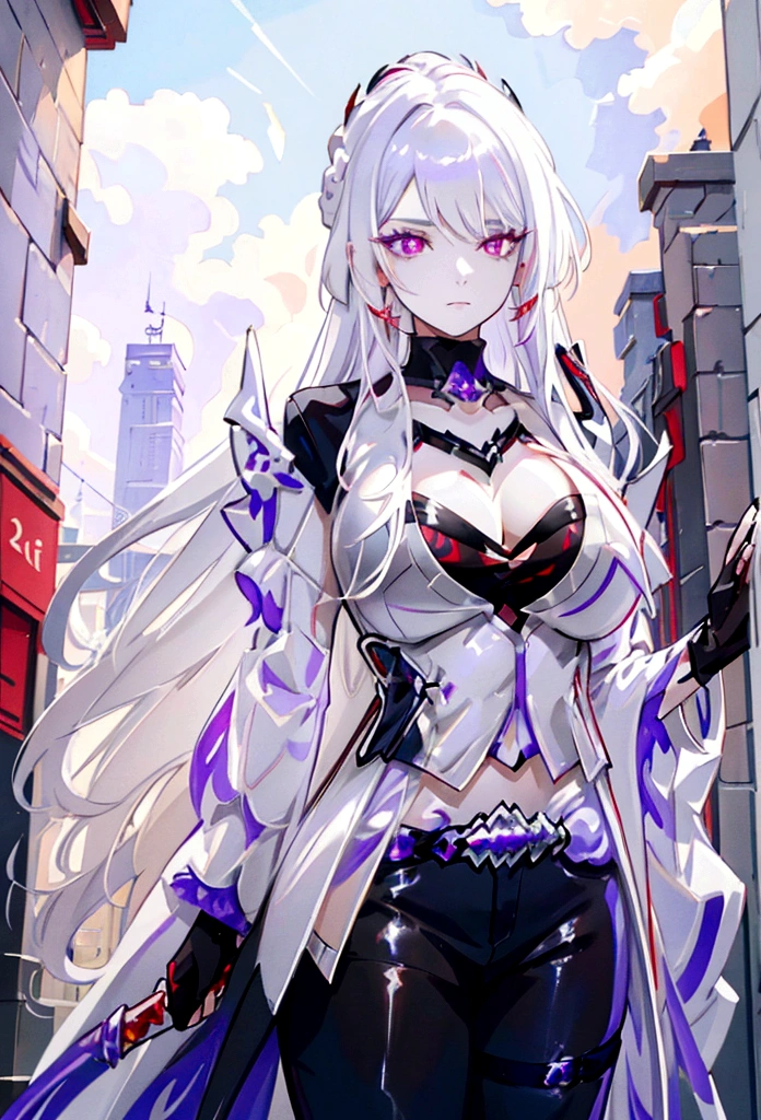 a woman with white hair and red streaks, neutral facial expression, detailed red eyes, holding a large ornate purple sword, detailed eyes, extremely detailed sword, cinematic dramatic lighting, fantasy, concept art