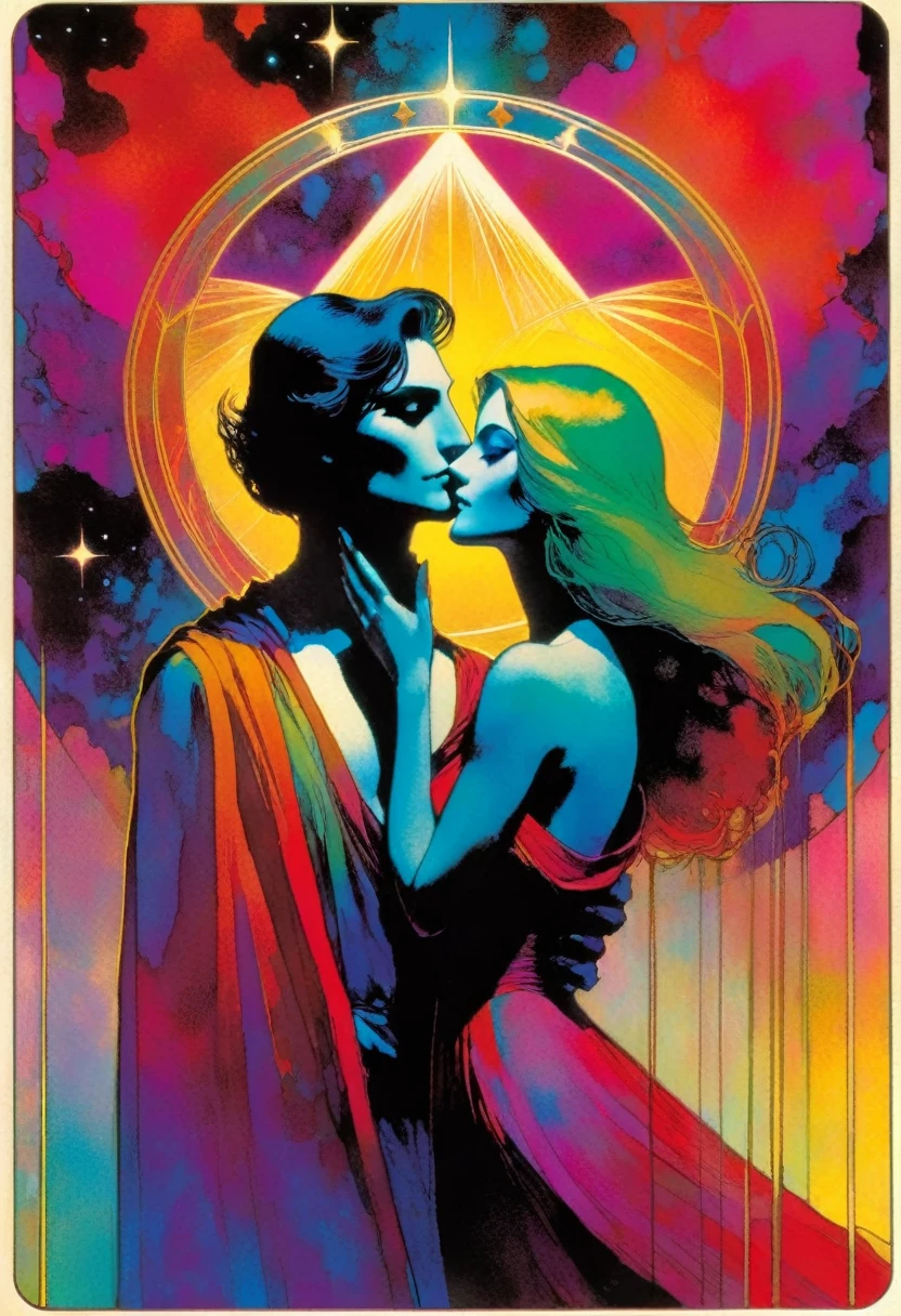 tarot card, a card, card : "THE LOVERS", tarot card frame,vivid colors (art inspired by Bill Sienkiewicz). text: THE LOVERS
