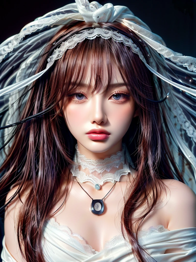 (Highest quality、8k、Best image quality、Award-winning works)、(One Girl, :1.3)、(Red eyeshadow:1.2)、Perfect Makeup、Long eyelashes、Ultra-high definition sparkling eyes、Ultra HD Hair、(((Ultra-high resolution glossy lips))、Ultra High Resolution Perfect Teeth、Ultra HD cute face、Brown Hair、(Very long straight hair:1.1)、[clavicle]、Accurate anatomy、(Black background:1.5)、(((Professional Lighting:1.5)))、Professional Lighting 1.5、Ultra-high-definition, shiny, moisturized face、Ultra High Resolution Glowing Skin 1.5、The most detailed face、Super high resolution detailed faces、ultra high resolution hair、Ultra-high resolution sparkling eyes、Beautiful face drawn in every detail、(Ultra high resolution glossy red lips)、(((Wrapped in white cloth 1.5)))、(((Lace fabric)))、(((Hair fluttering in the wind 1.5)))、((necklace1.3))